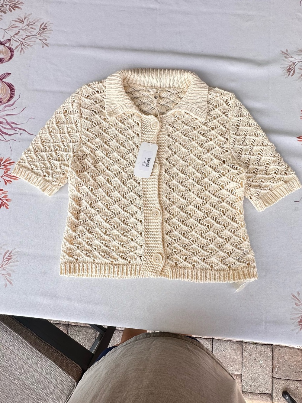 Cream Short-Sleeve Knit Button-Up Cardigan Sweater